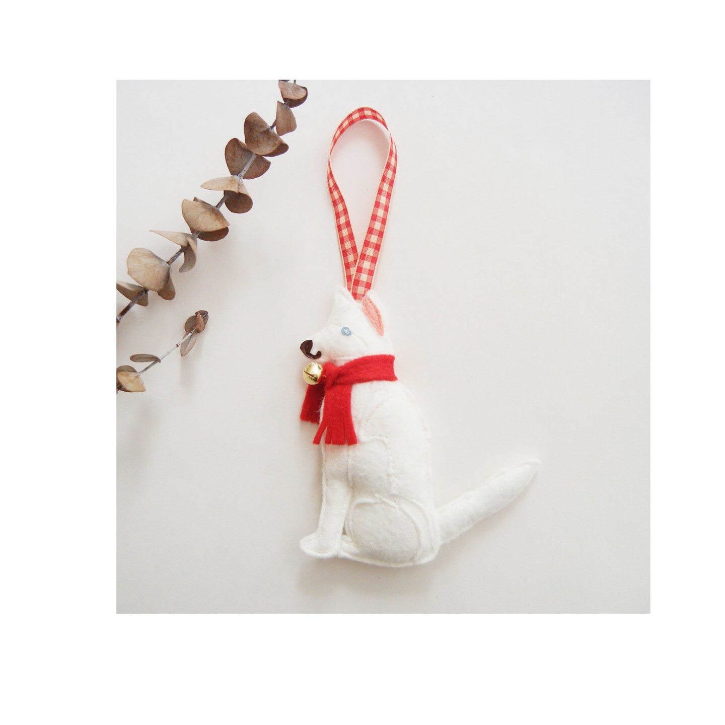 Siberian Husky White Dog Red Scarf Jingle Bells Wool Felt Ornament