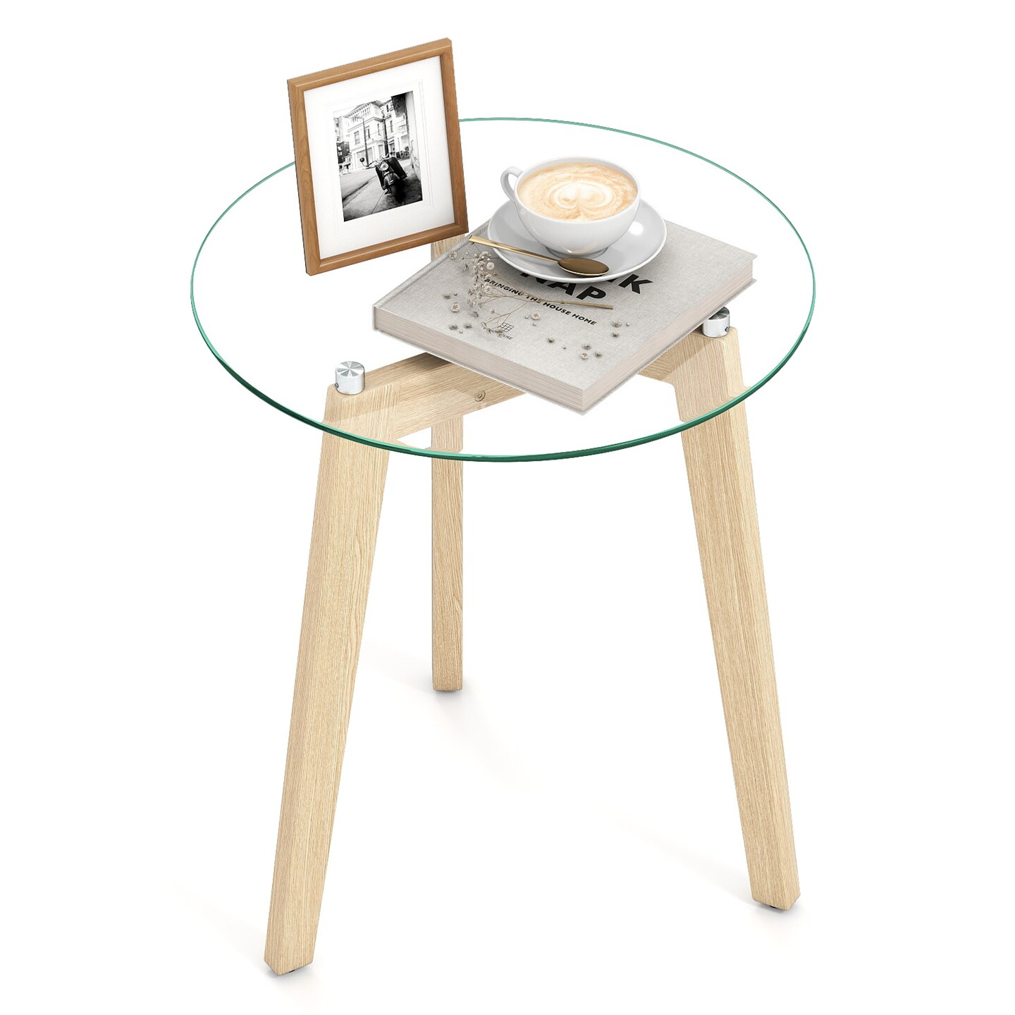 Modern Round End Table with Tempered Glass Top and Rubber Wood Frame for Living Areas