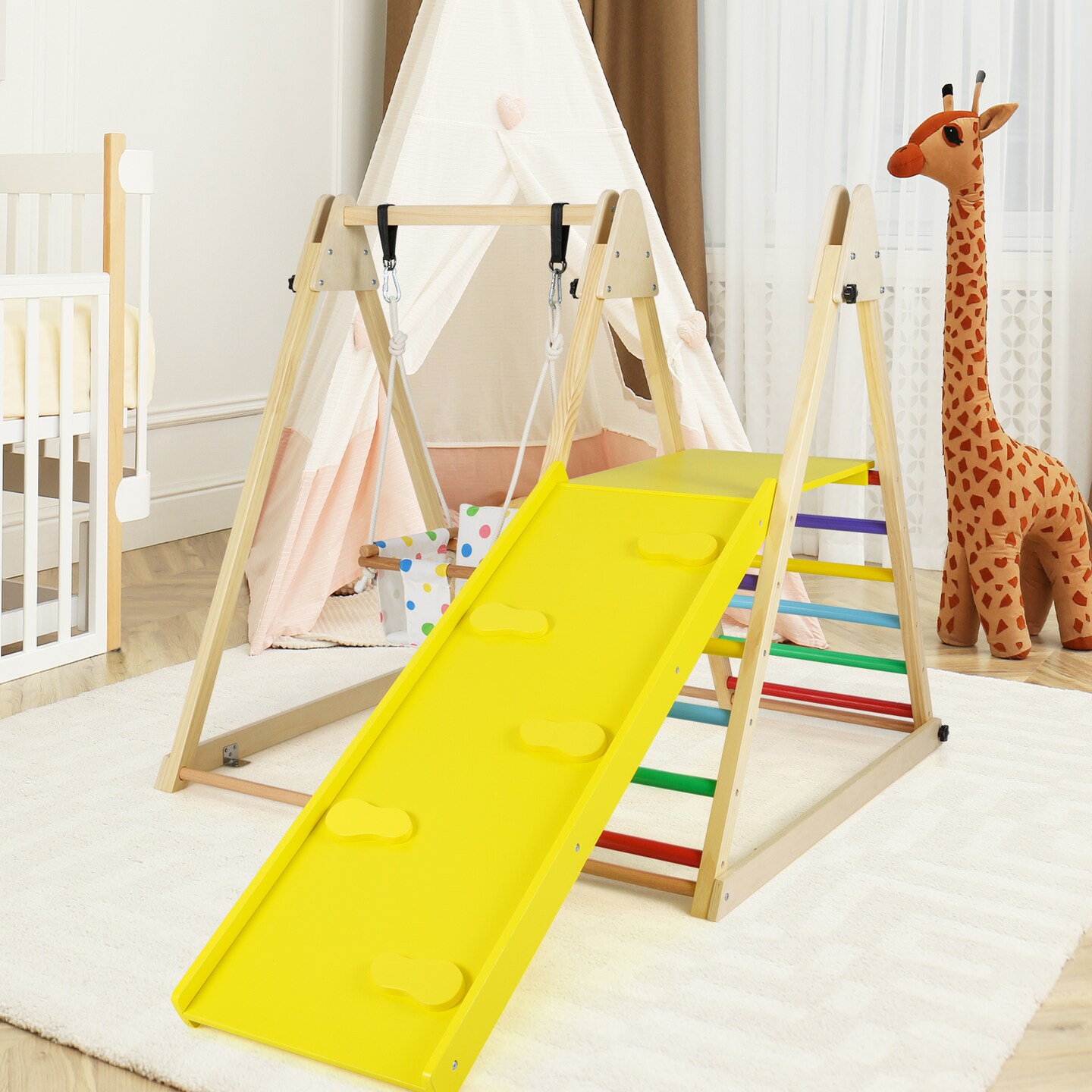 Indoor Wooden Jungle Gym 4 in 1 Montessori Climber with Kids Swing Climbing