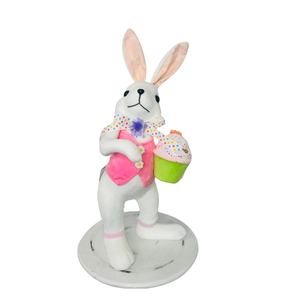 15.25" Set of 2 Styrofoam Standing Bunnies with Cupcake - White and Pastel Spring Decorations- Easter Home Decor (MT26006)