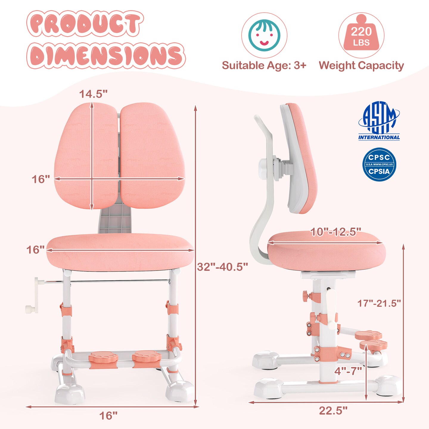 Adjustable Ergonomic Kids Study Chair with Double Backrest Footrest & Height Adjustable Seat