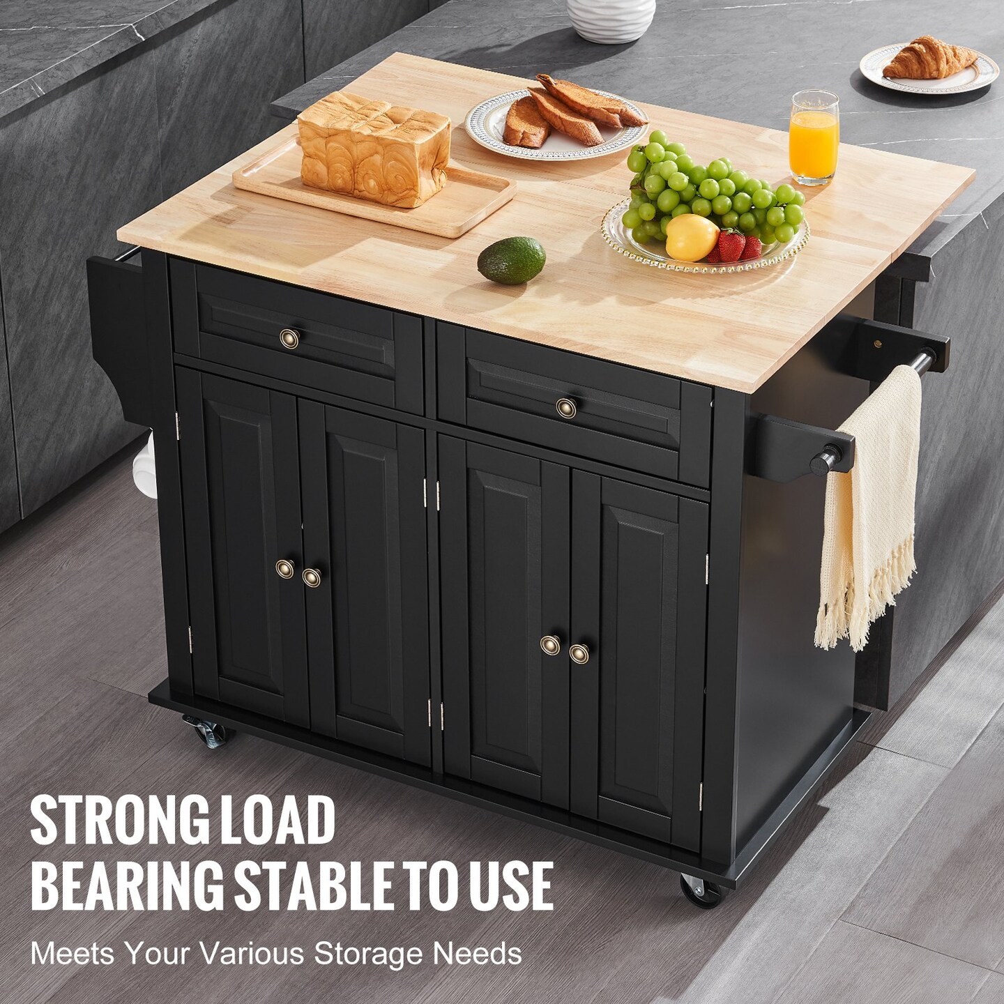 Wood Color-Black Solid Wood and MDF Kitchen Island with Drop Leaf and Wheels