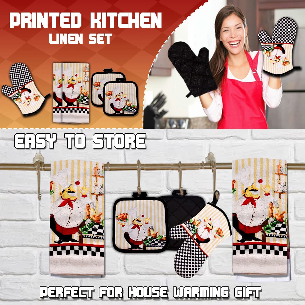 Lobyn Value Packs - Charming 5 Piece Kitchen Towel Set: Chubby Uniformed Chef Design, includes 2 Decorative Dish Towels (25x15) 1 Oven Mitt and 2 Potholders (6.5 Sq)
