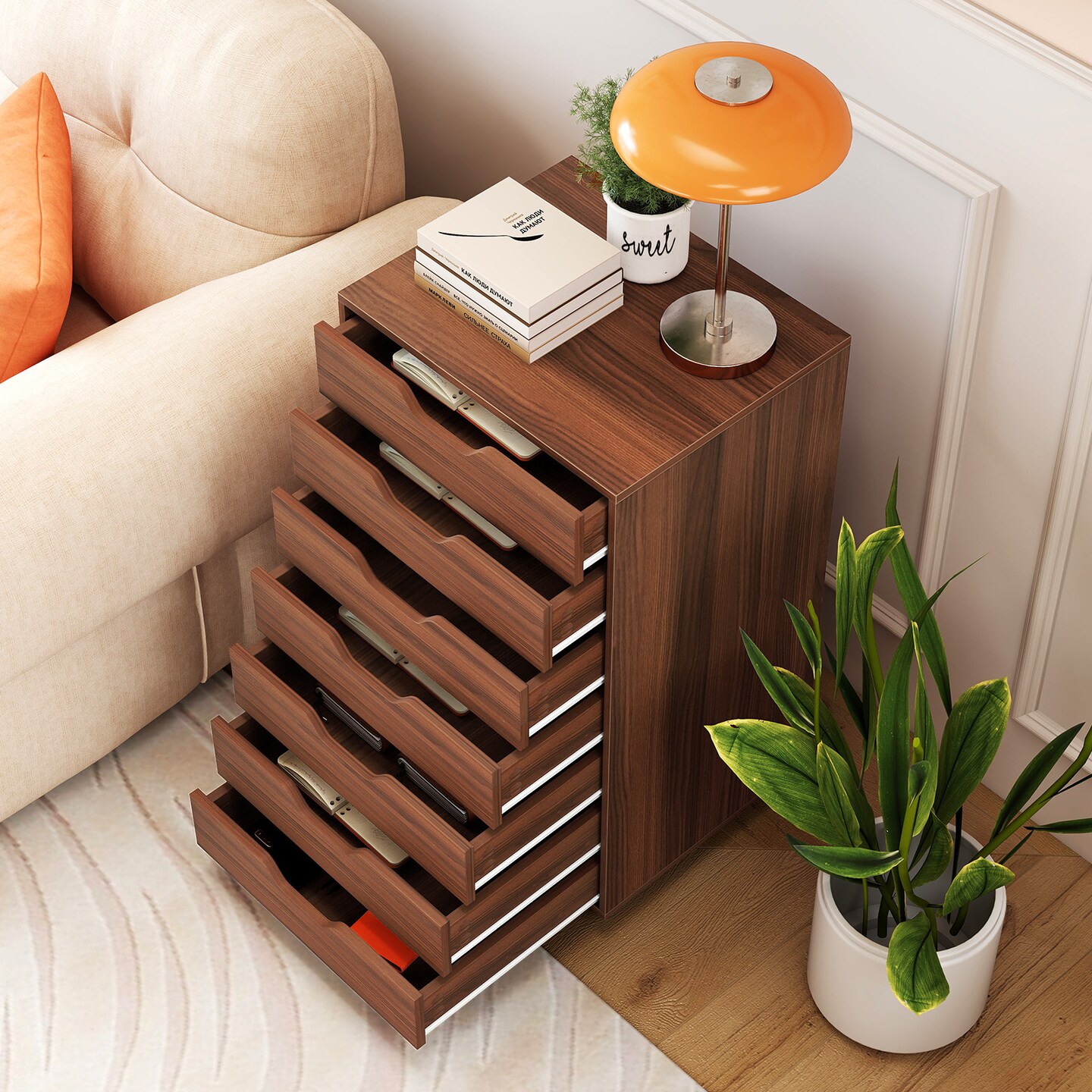 7-Drawer Tall Organizer Cabinet with Cut-Out Handles and Swivel Wheels Ideal for Bedroom and Office