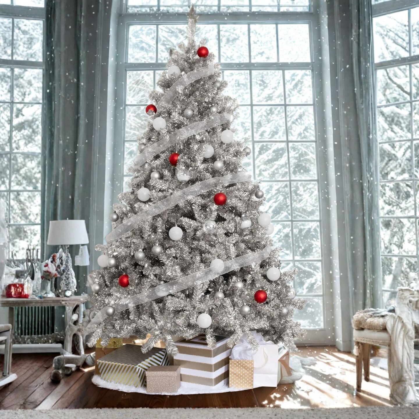 7.5 ft Full Bodied Metallic Silver Tinsel Christmas Tree with Metal Stand