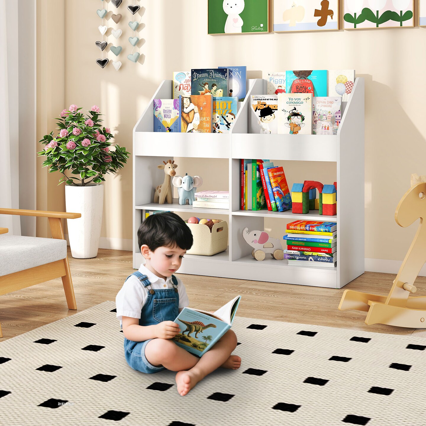 Kids Bookshelf White Engineered Wood 3 Tier Toy and Book Storage Rack with Display Shelf and Open Compartments