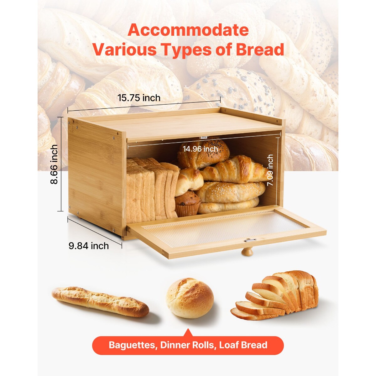 Natural Wood Wicker Bread Box with Acrylic Door and Magnetic Lid