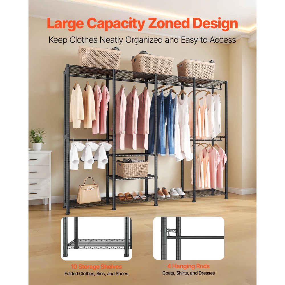 Heavy-Duty Closet Wardrobe Rack 4 Hanging Rods, 10 Adjustable Shelves, 1100 lbs Capacity