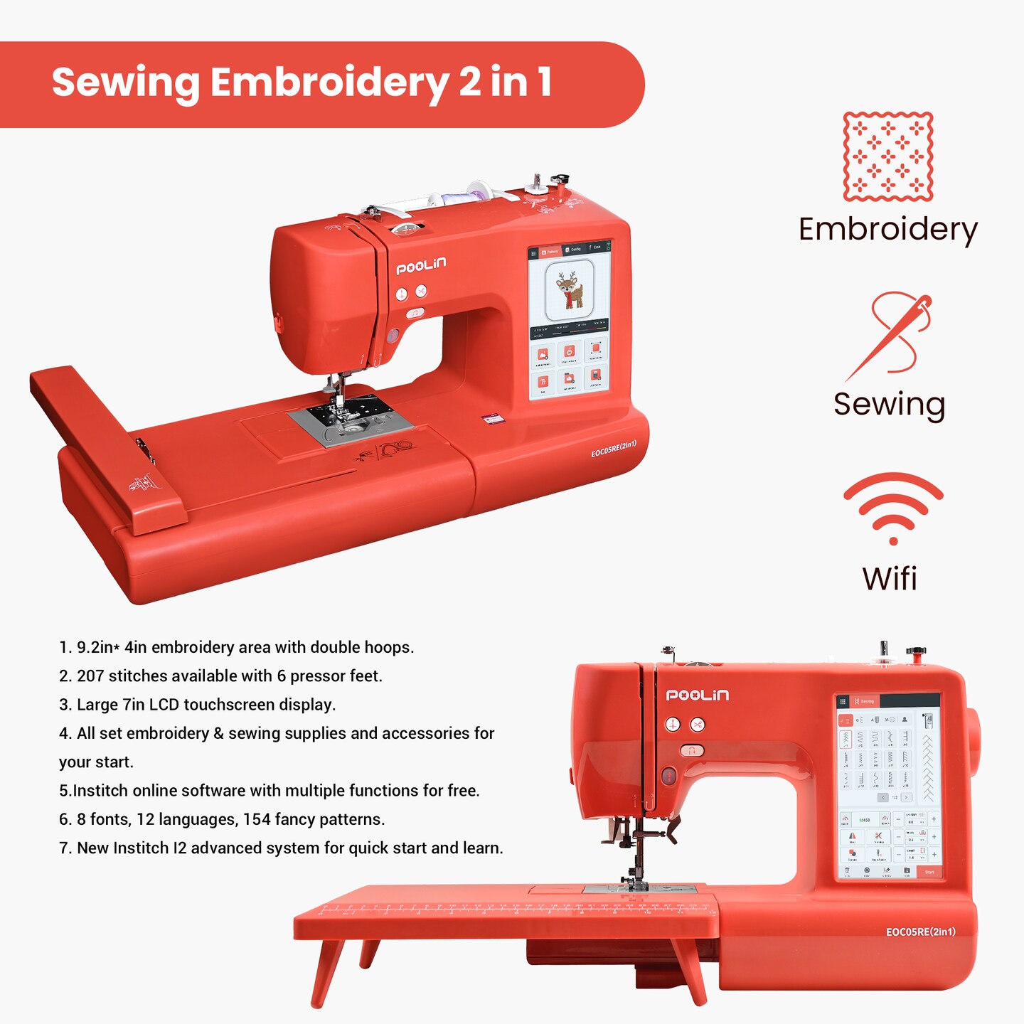 POOLIN EOC05RE(2in1) Sewing &#x26; Embroidery Machine Computerized 9.2x4in Large Area with 7in Big LCD Touchscreen Wifi Availabable with Starter Kit 207 stitches &#x26;156 built-in patterns Multi-functions for Business and Christmas Gift