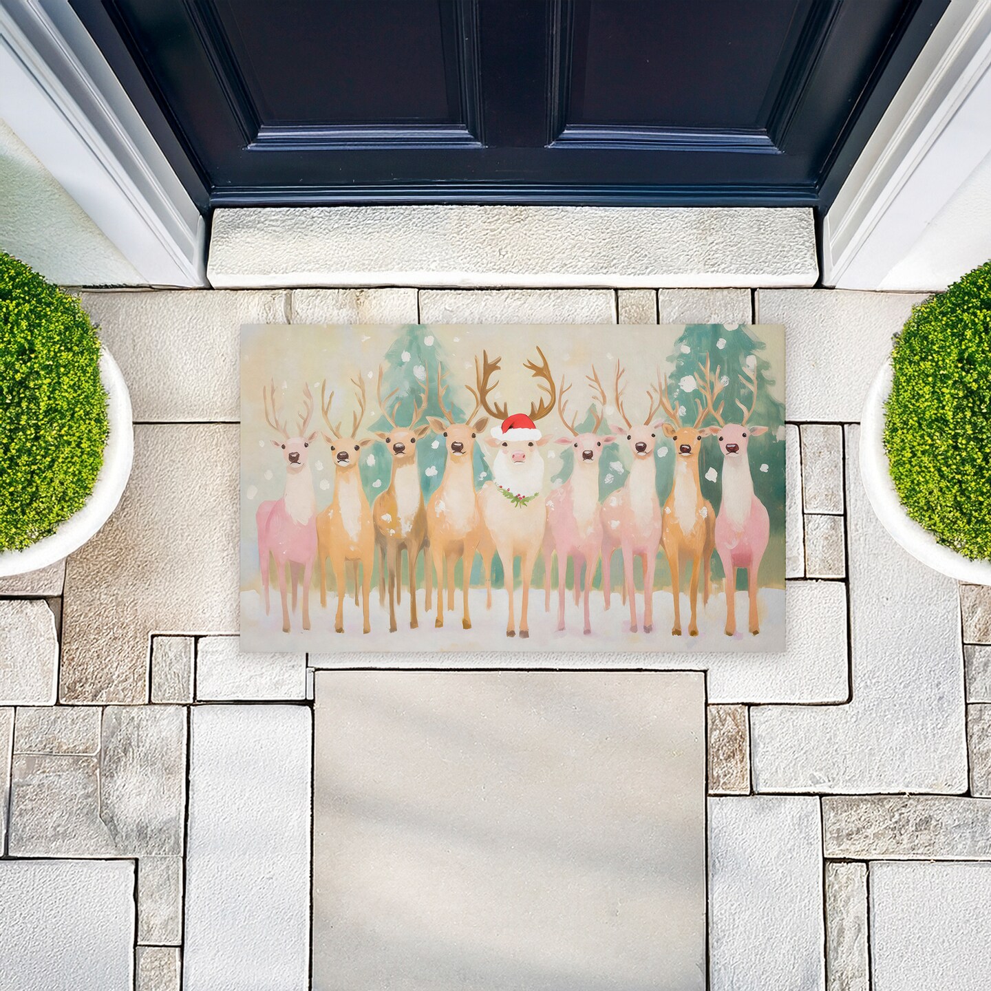 Stupell Industries Pastel Santa's Reindeer Printed Outdoor Door Mat, design by Arlington Prints, 18"x30"