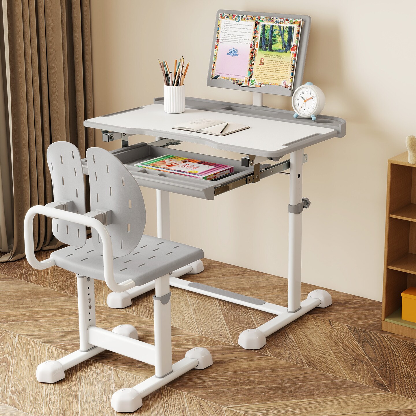 Children's Height Adjustable Desk and Chair Set with Ergonomic Backrest and Storage Drawer