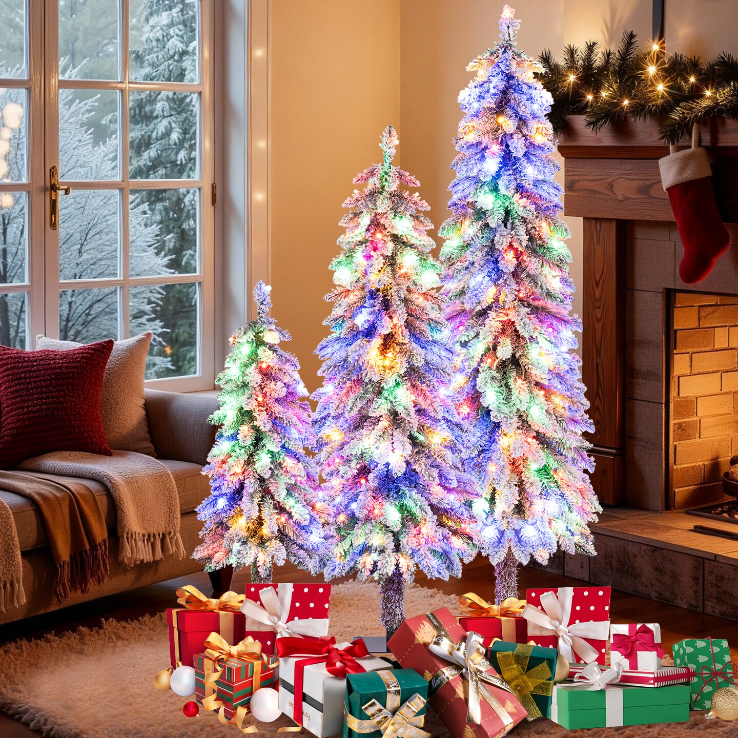 Set of 3 Snow Flocked Artificial Christmas Trees with LED Lights | Michaels