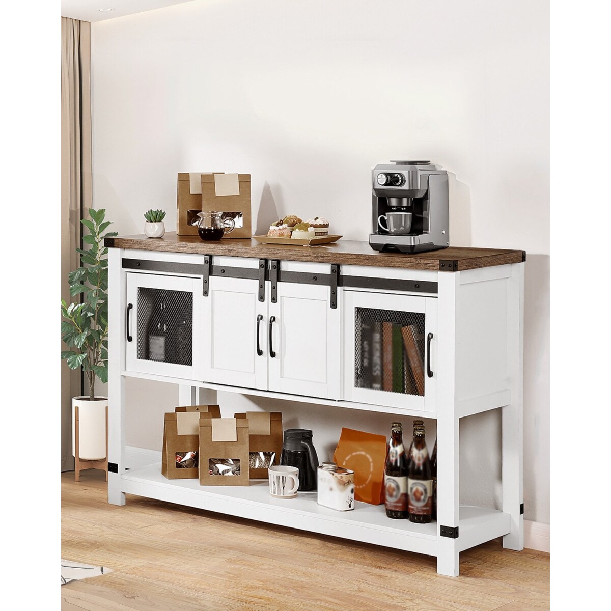 White-Brown Farmhouse Coffee Bar Cabinet with Barn Doors and 4-Tier Storage