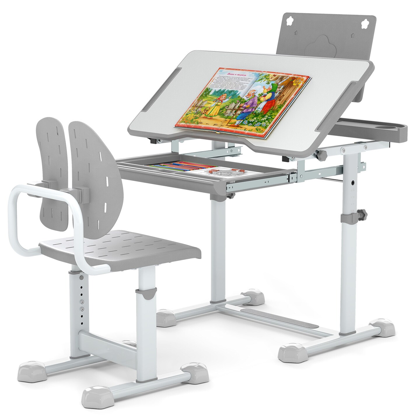 Children's Height Adjustable Desk and Chair Set with Ergonomic Backrest and Storage Drawer