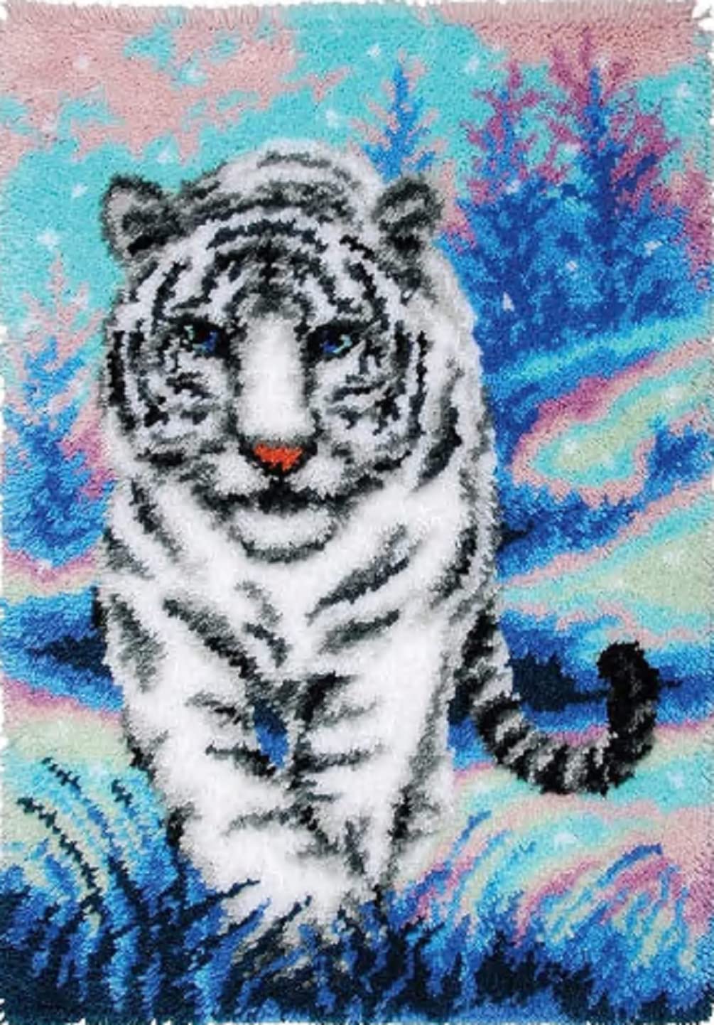 Tiger Latch Hook Rug Kit for Adult, DIY Handmade Carpet Crochet Needlework Mat Knotted Cushion Tapestry, Pre-Printed Latch Hook Kits, Embroidery Decoration Festival Gift 20x15 in.