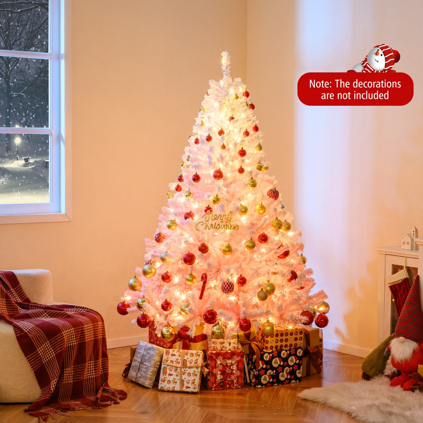 White-Pink PVC Christmas Tree with Snow Flocking and Pre-Lit LED Lights