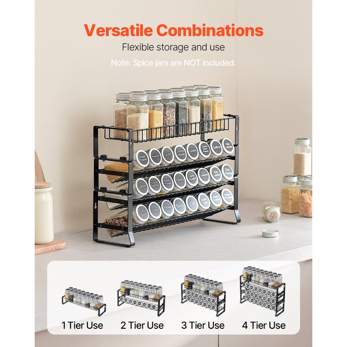 4-Tier Spice Rack Organizer for Cabinet, Detachable & Stackable