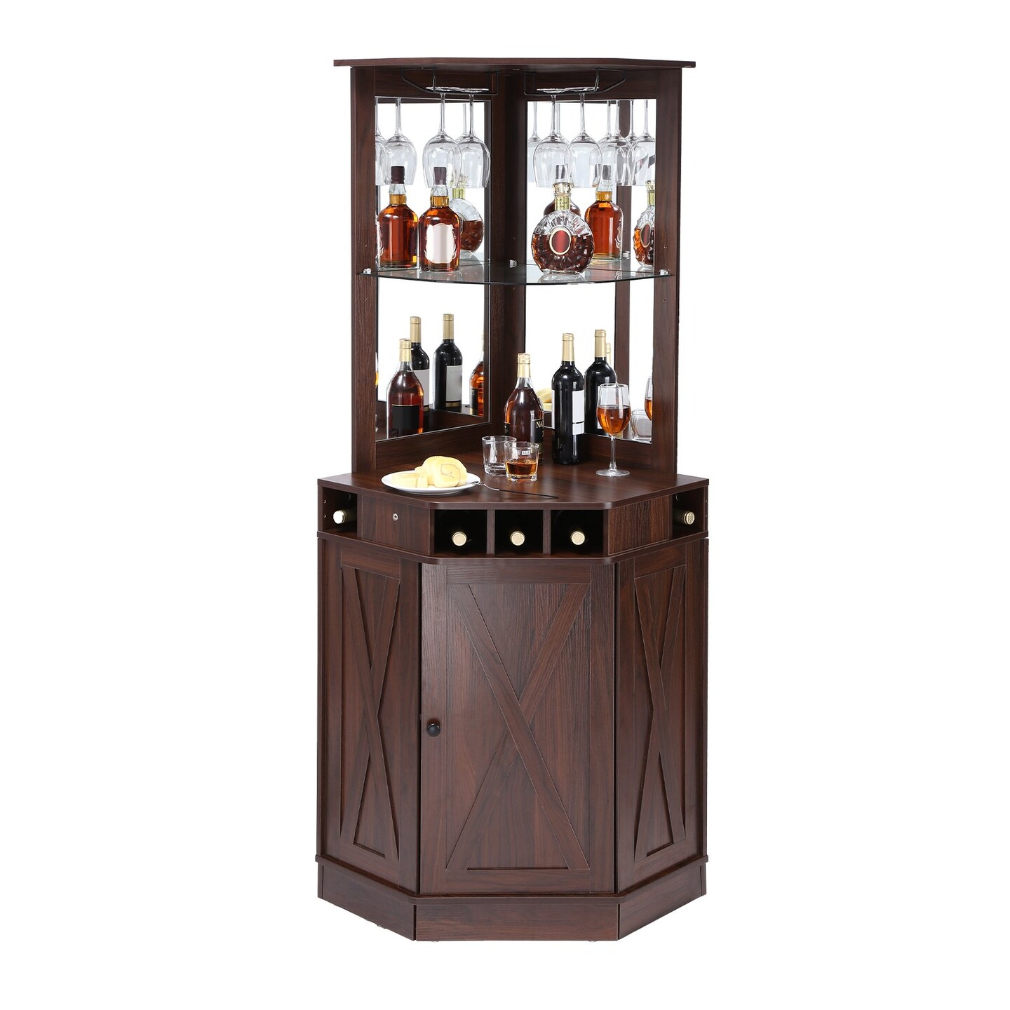 Black Walnut Corner Bar Cabinet with Adjustable Shelves and Wine Glass Holder