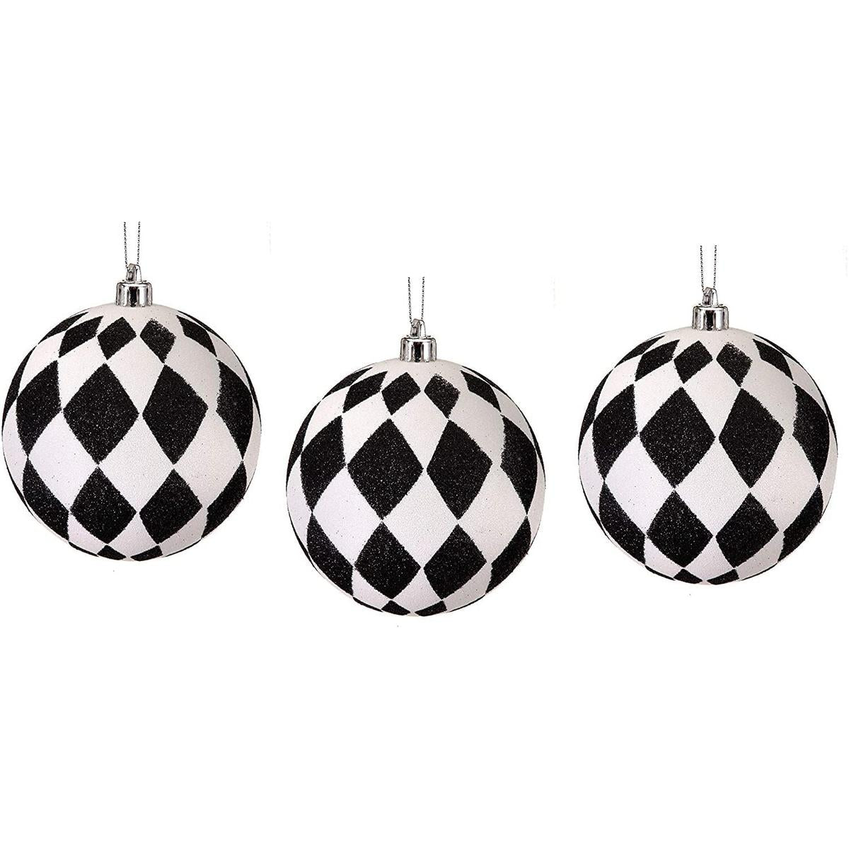 4&#x22; Glitter Harlequin Ball Ornaments: Black/White (3 pack)
