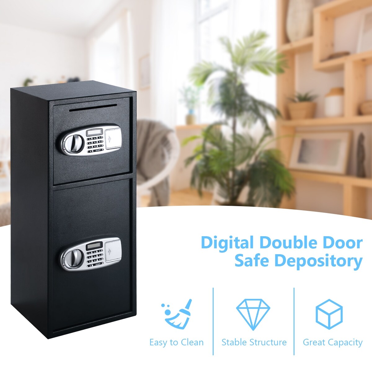 Black Steel Dual Door Digital Safe Box with Emergency Keys and Storage