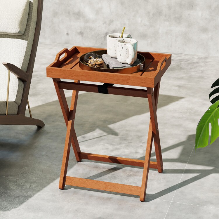 Natural Wood Folding Tray Table with Removable Serving Tray for Indoor and Outdoor Use