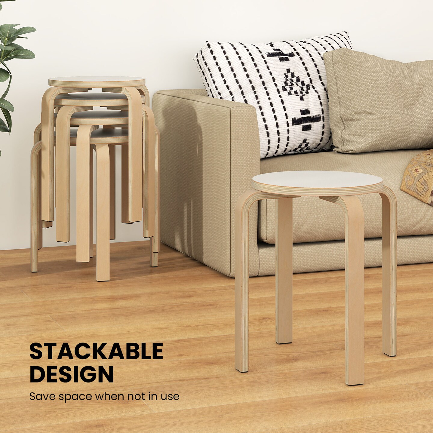 Set of 4 Wooden Stackable Stools Round Birch Wood Chairs, 265 lbs Capacity
