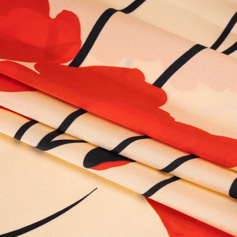 1 Yard Beige, Red and Black Poppy Stems Border Printed Silk Charmeuse Fabric 53 inch Width