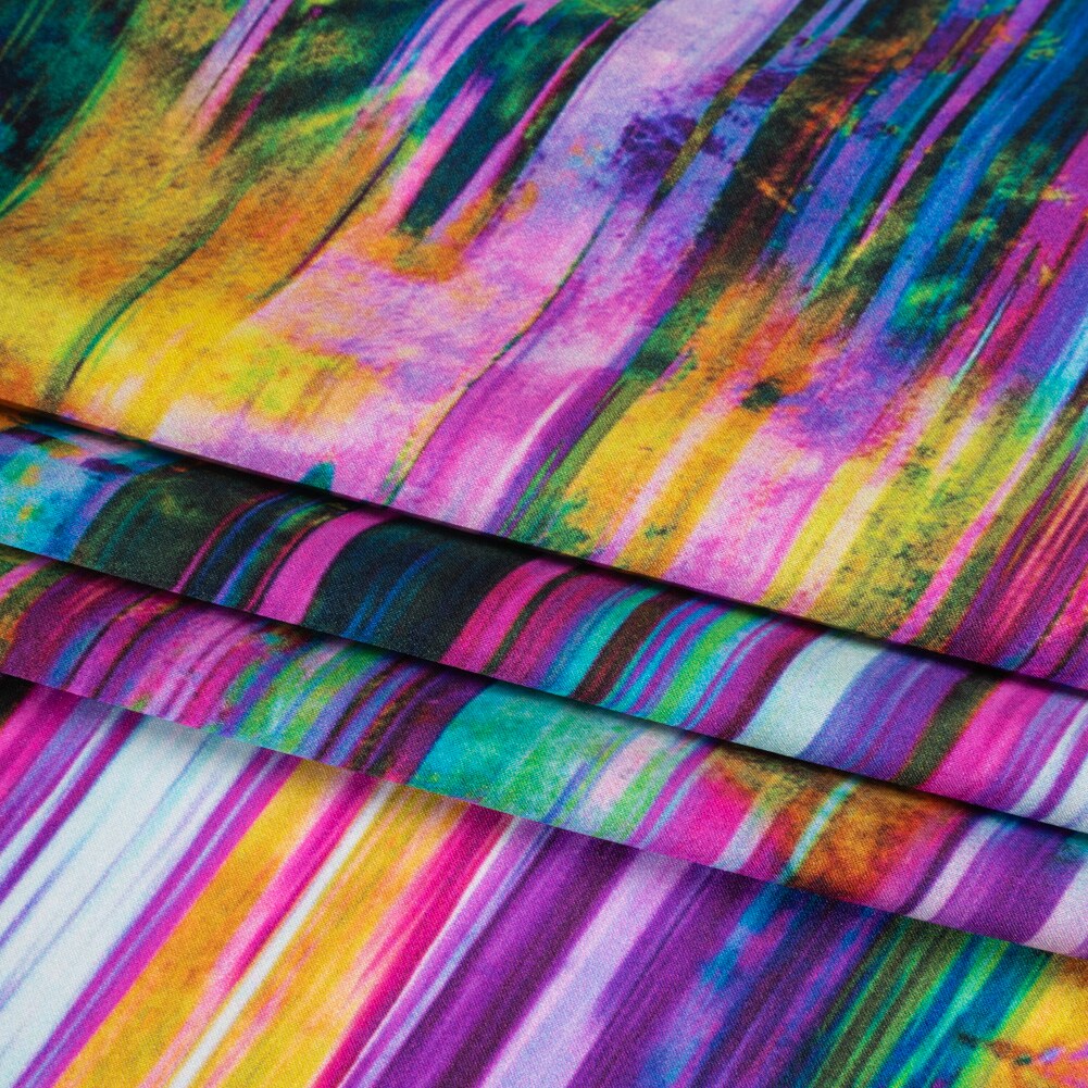 1 Yard Silk Charmeuse Fabric Yellow, Purple and Pink Abstract Painted Stripes 54 inch Width