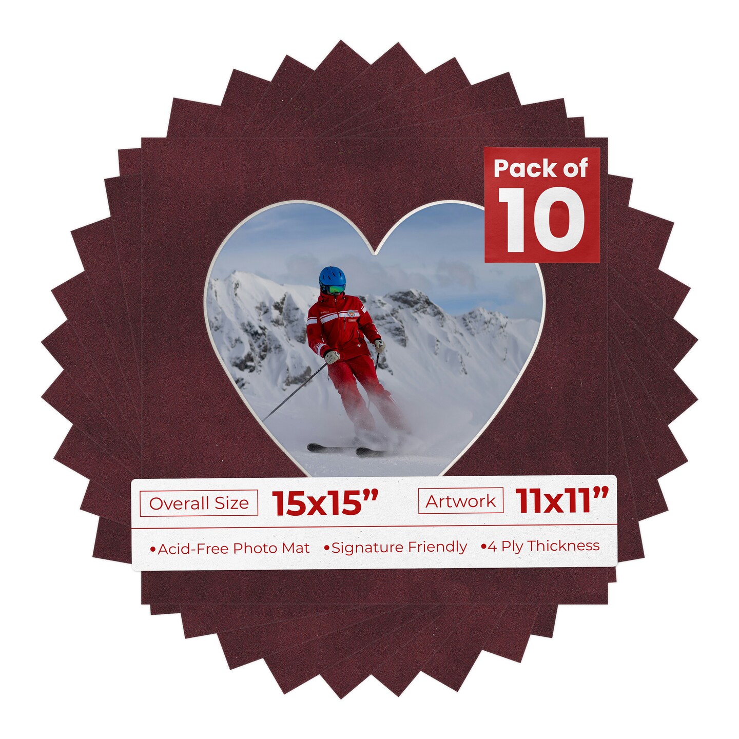 Dark Red Suede Mat Board for 15x15 Frames - Heart Opening for 11x11 Photos