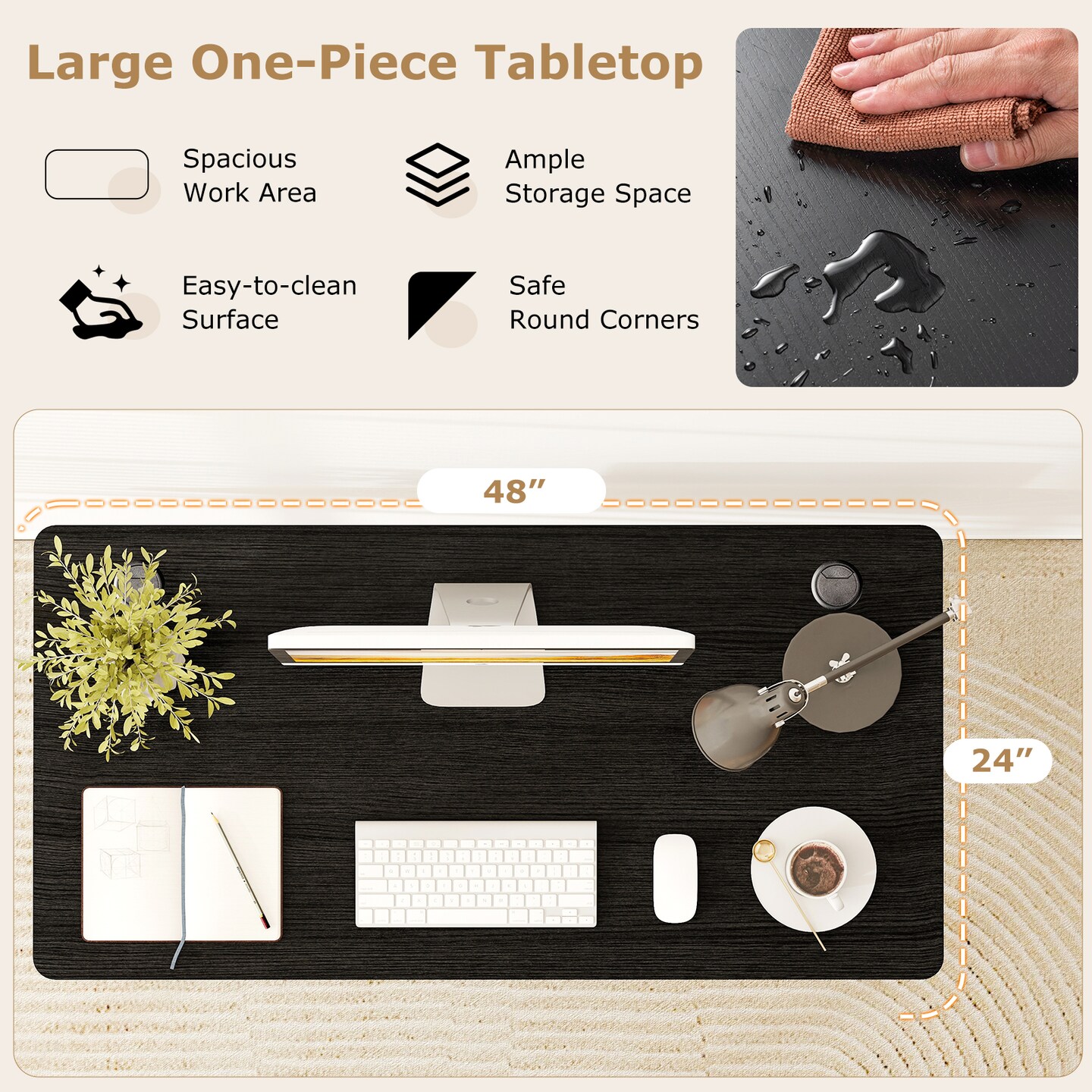 One-Piece Desktop 48 x 24 Inch Universal Tabletop for Standard & Sit-Stand Desks