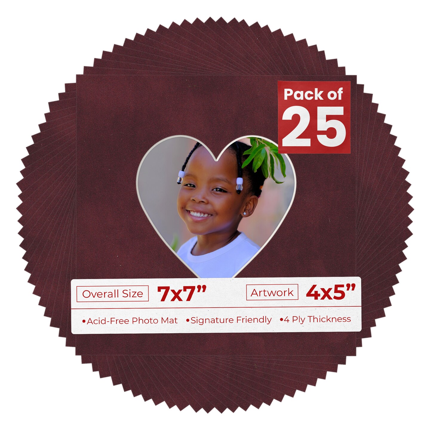 Dark Red Suede Mat Board for 7x7 Frames - Heart Opening for 4x5 Photos