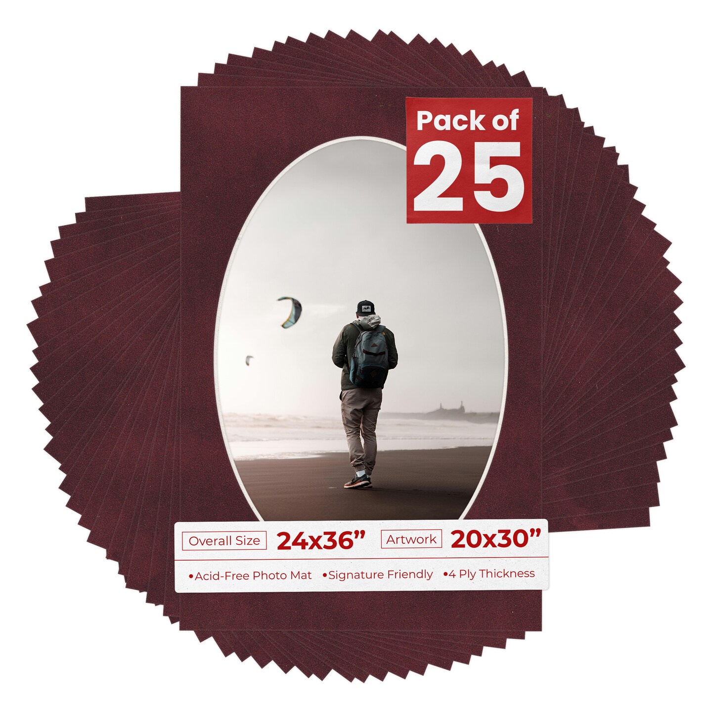 Dark Red Suede Mat Board for 24x36 Frames - Oval Opening for 20x30 Photos