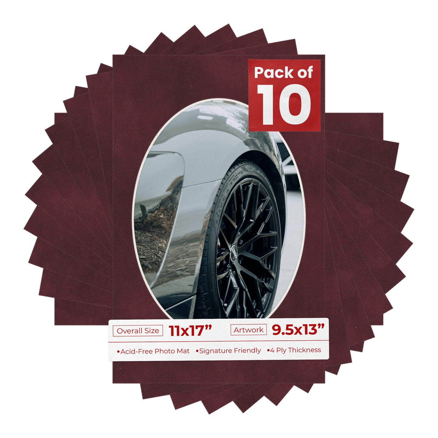 Dark Red Suede Mat Board for 11x17 Frames - Oval Opening for 9.5x13 Photos