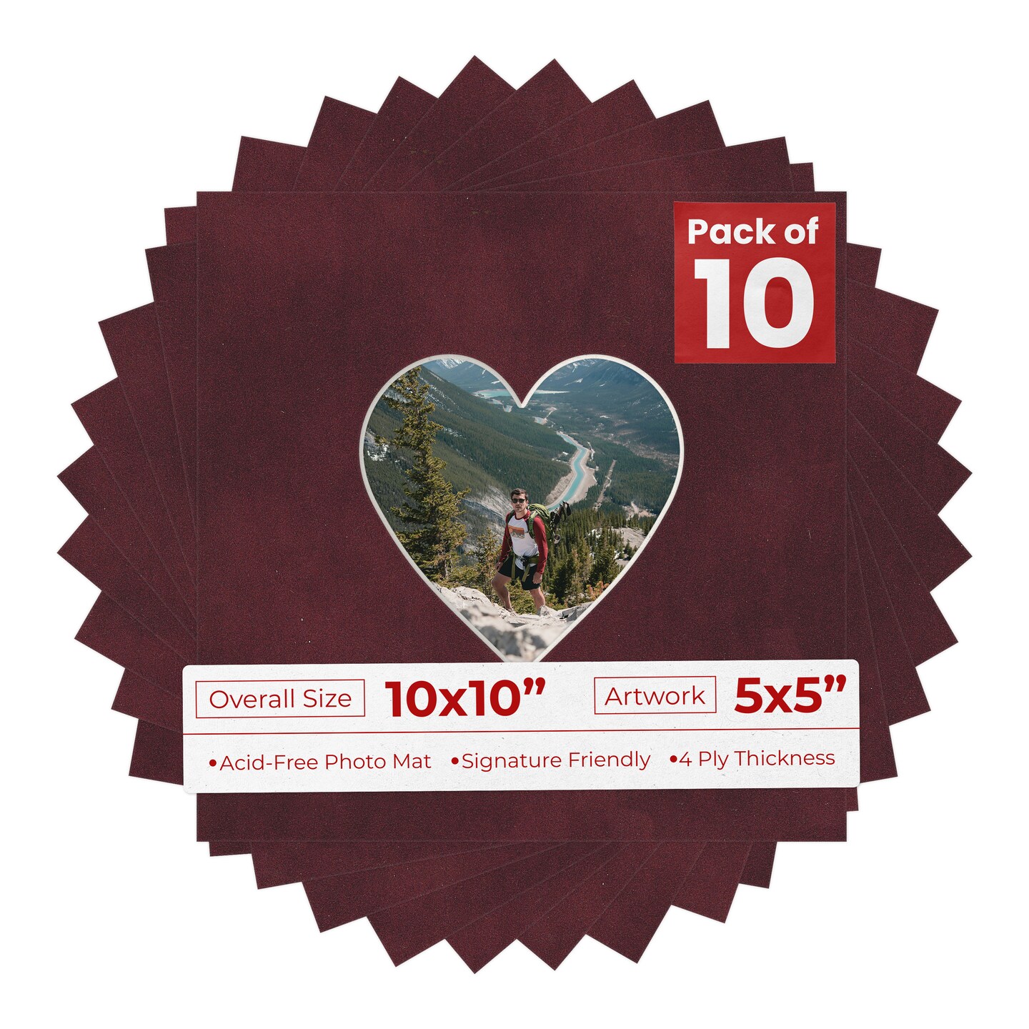 Dark Red Suede Mat Board for 10x10 Frames - Heart Opening for 5x5 Photos