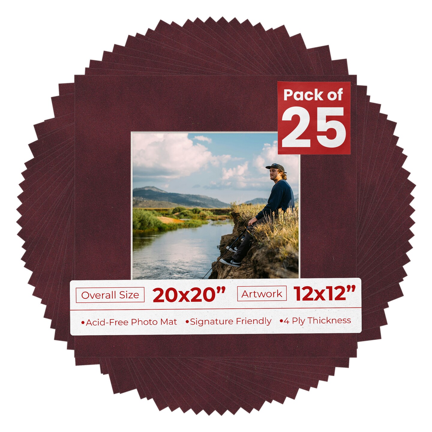 Dark Red Suede Mat Board for 20x20 Frames - Fits 12x12 Photos