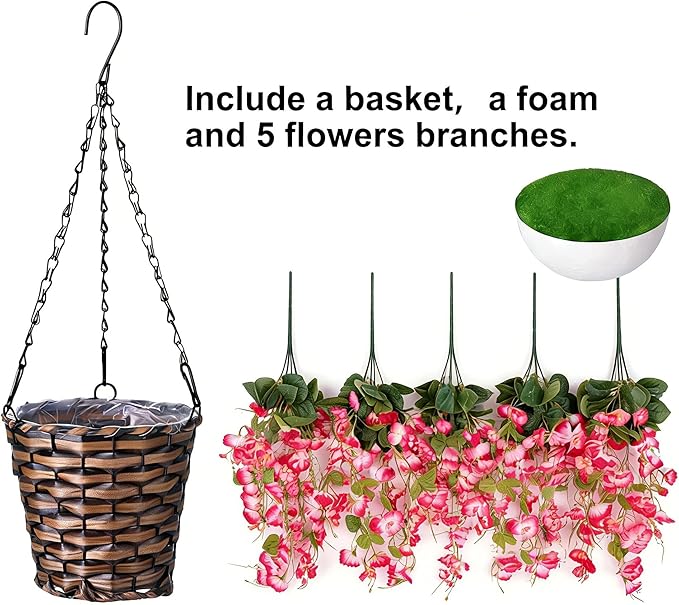 Artificial Fake Hanging Hibiscus Flowers Plants Baskets for Outdoor Decoration, Faux Silk Hibiscus Long Vines in Planter UV Resistant Realistic Flowers for Outside Porch Patio Home Decor, Pink