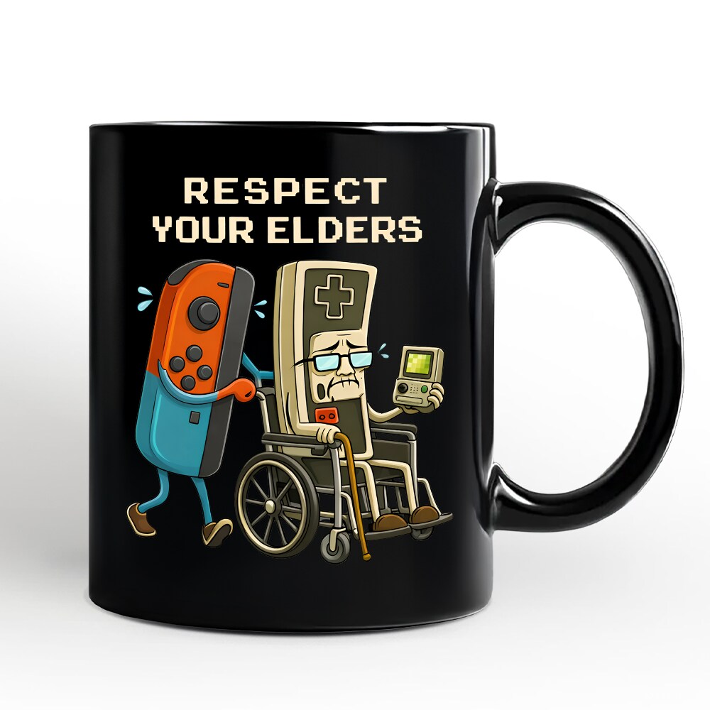 Respect Your Elders Gaming Controller Mug, Old School Gamer Humor Gift