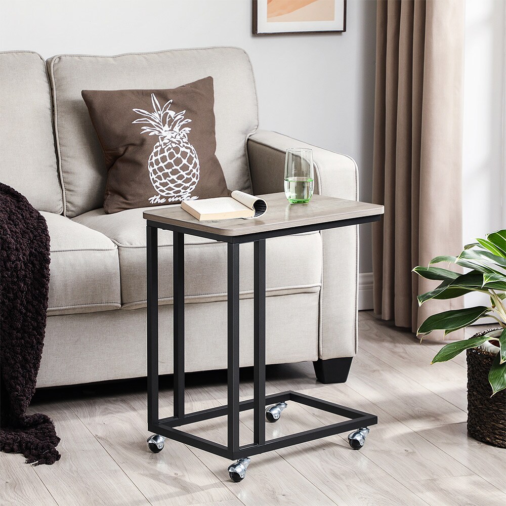 Greige Black C Shaped Side Table Sofa End Table With Wheels Steel Frame Particleboard Laptop Snack Table