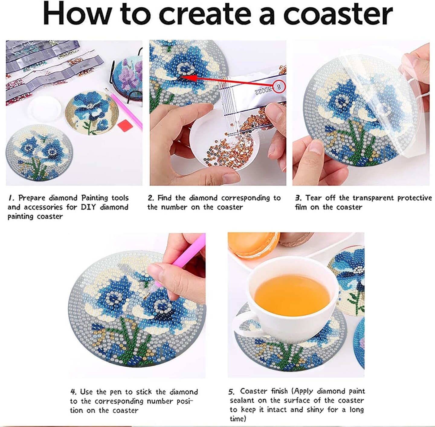 8-Piece Floral Diamond Painting Coaster Set with Holder – DIY Diamond Art Kit for Adults & Beginners, Small Decorative Flower Coasters, Craft Kit for Women