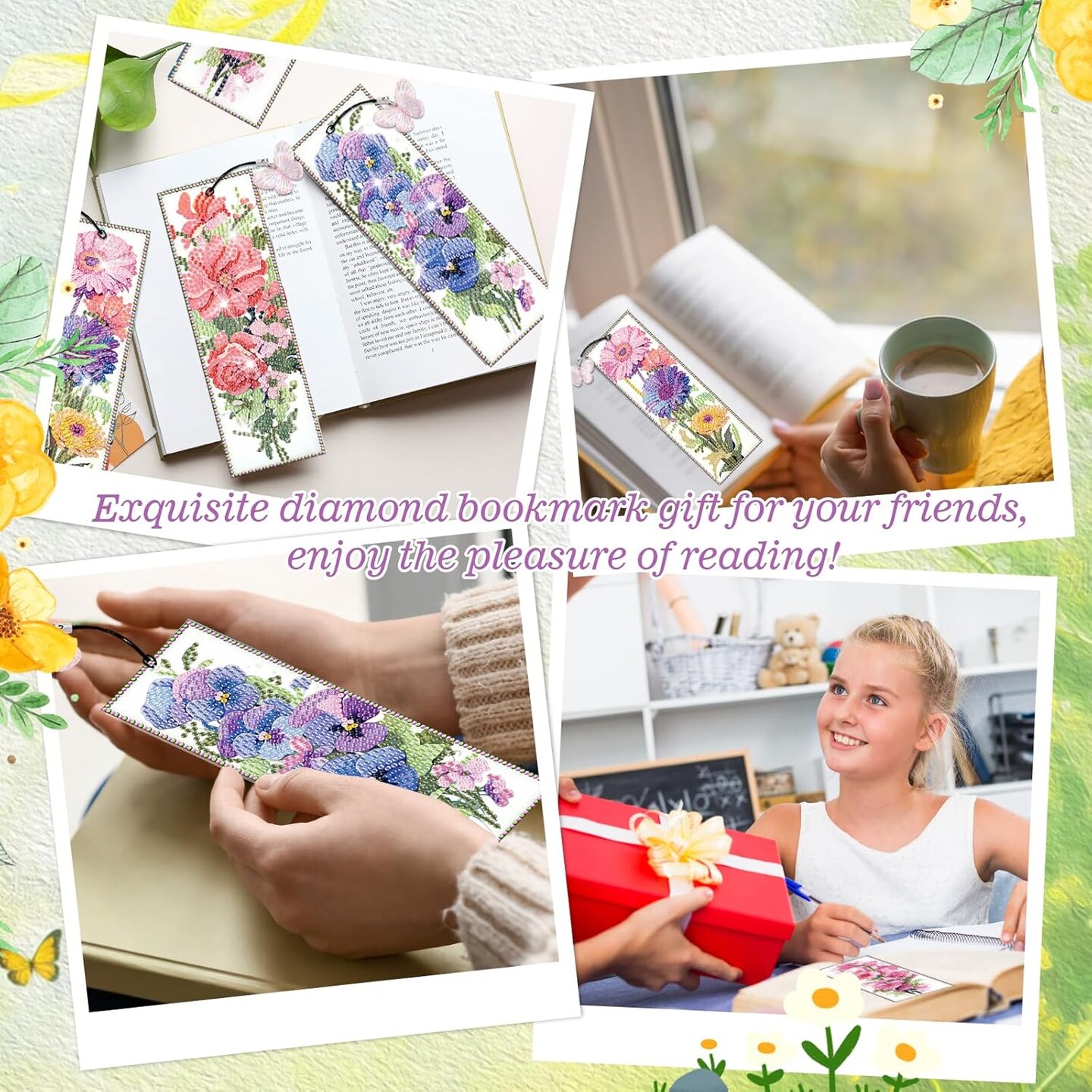 4PCS DIY Flower Diamond Art Bookmarks Kit – 5D Floral Diamond Painting for Adults, Spring Reading & Book Lovers, Gem Craft Supplies Gift