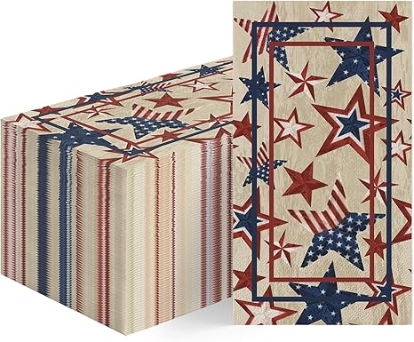 50 Disposable Paper Decorative Guest Napkins, 4th of July Patriotic Independence Day Vintage American Star Memorial Day Hand Towel for Party Lunch Dinner Kitchen Bathroom