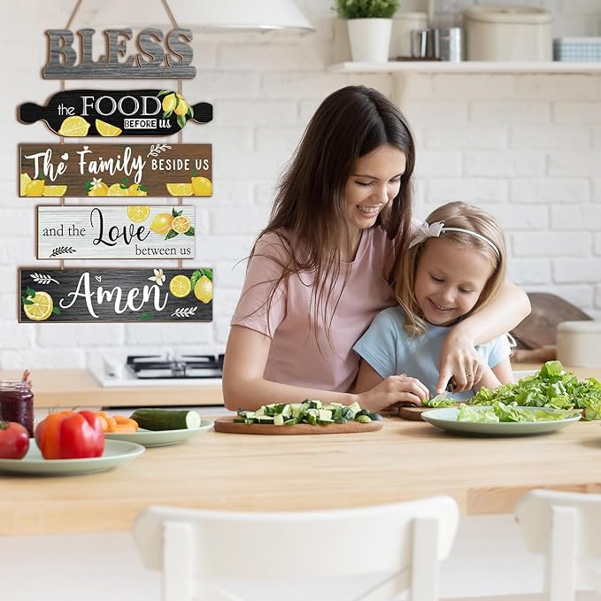 5 Pieces Kitchen Wall Decor Bless the Food Before Us Sign Farmhouse Rustic Dining Room Wall Art Wooden Hanging Signs for Kitchen Decor Hanging Plaque for Home(Lemon)