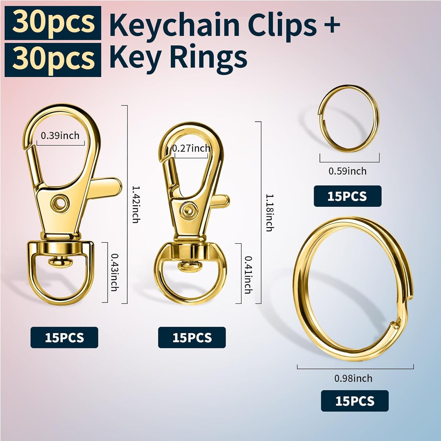60-Piece Keychain Making Kit – Gold Swivel Snap Hooks, Lobster Claw Clasps, Key Rings & Clips for Keys, Jewelry, DIY Crafts
