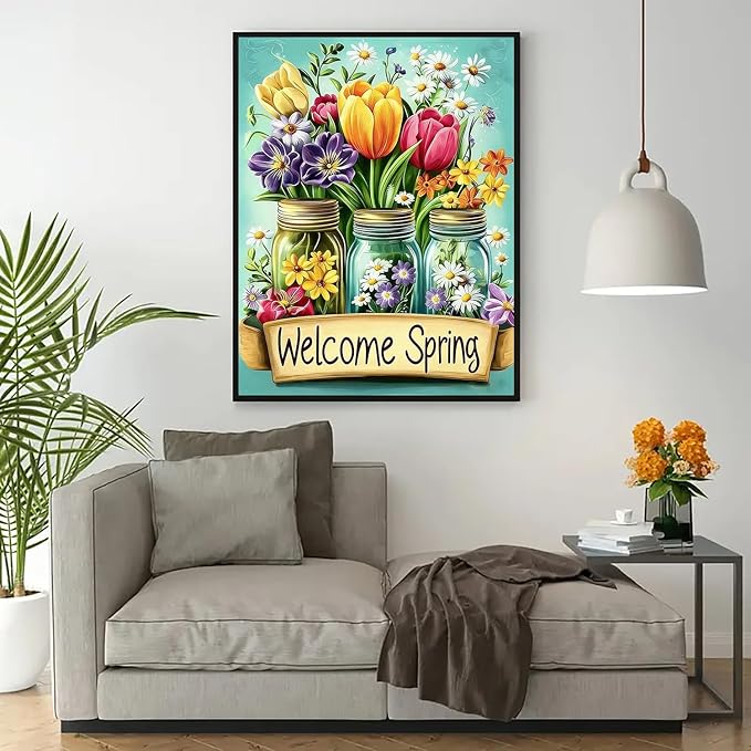 Welcome Spring Flower Diamond Art Kits for Adults, 5D Diamond Painting Kits for Adults Beginners, DIY Full Round Drill Diamond Dot Painting Gem Art Kits for Adult, Home Wall Decor 11.8x15.7 Inch