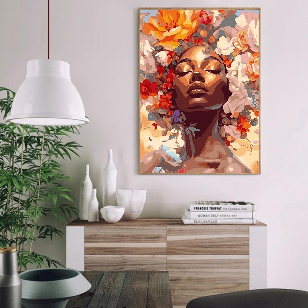 Paint By Numbers African Woman Kit for Adults Beginners – 16x20 Inch DIY Canvas Painting Set, Floral Girl Acrylic Paint by Numbers Kit for Home Wall Decor & Gift (Without Frame)