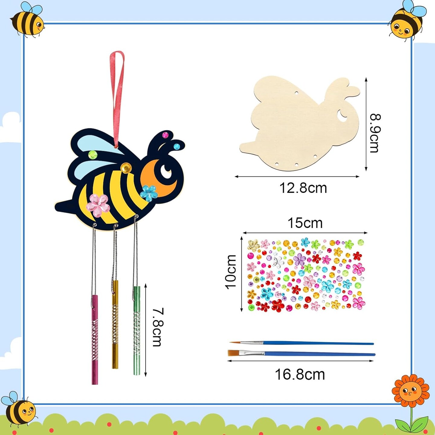 10-Pack DIY Bee Wind Chime Kit for Kids – Make Your Own Honey Bee Wooden Wind Chimes, DIY Coloring Craft for Spring, Insect Art Projects, and World Bee Day Party Decorations