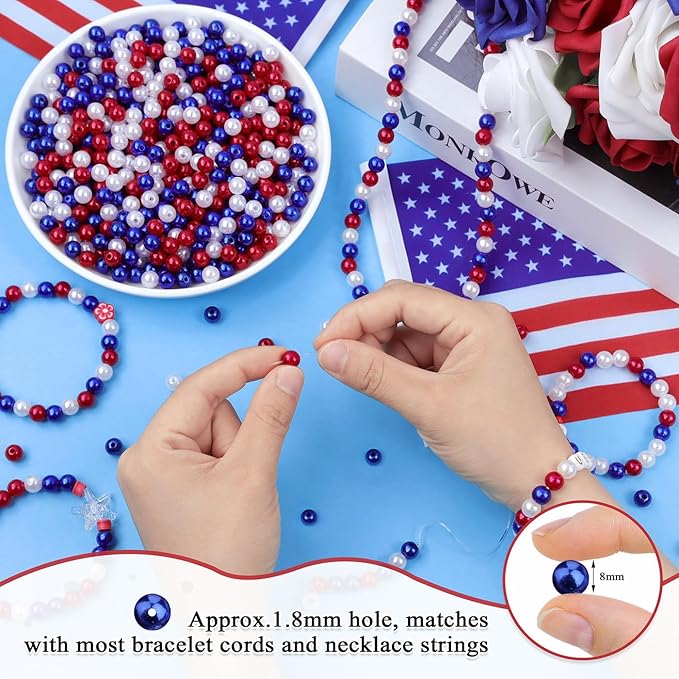 Red White and Blue Beads, 4th of July Beads 8mm Patriotic Beads for Crafts Red White Blue Fake Pearls, 4th of July Accessories 250 Anniversary Independence Day Beads for Jewelry Making 500PCS