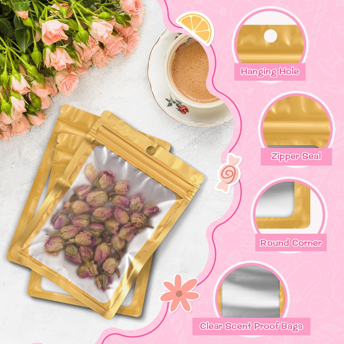 100 Pack Mylar Resealable Bags Foil Packaging Bags with Clear Window,Zipper Pouch Smell Proof Bag for Food Storage,Cookies,Sample,Small Business(Gold,3x4.7inch)