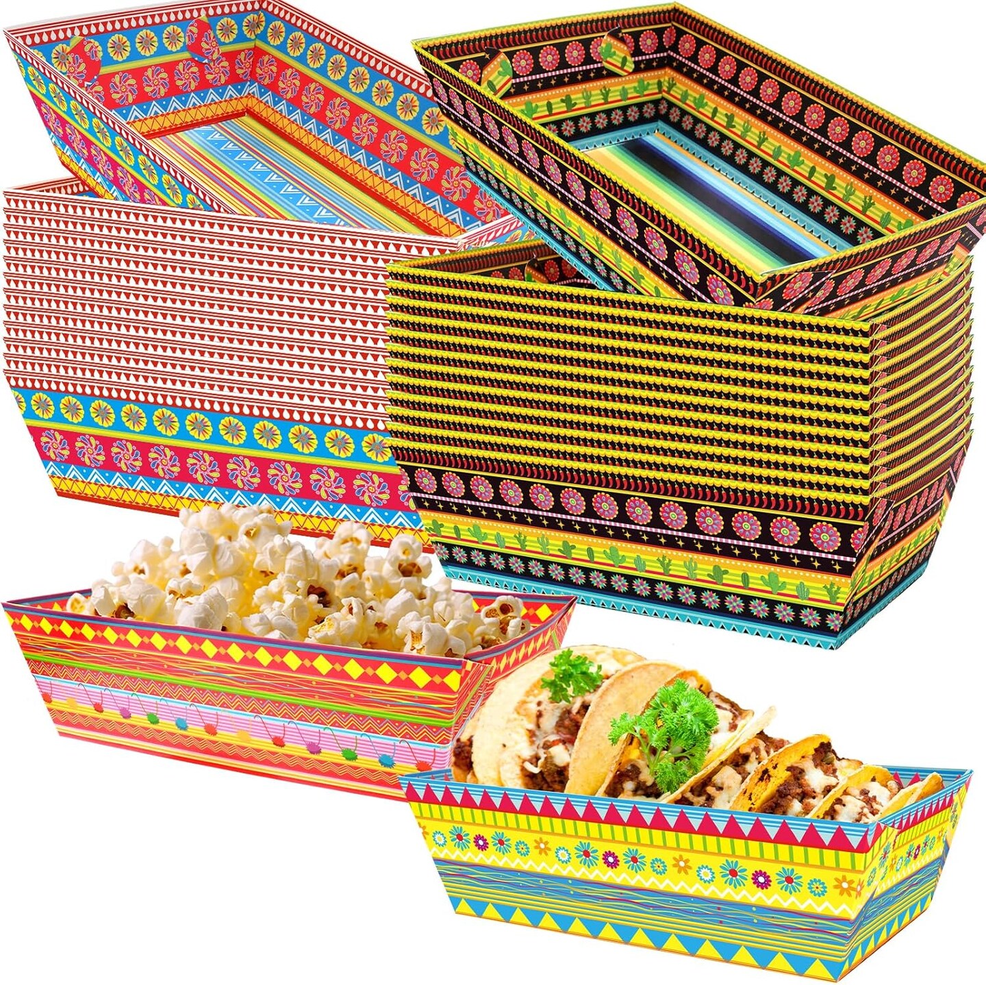 60 Pcs Fiesta Mexican Nacho Trays – Disposable Paper Snack Containers with Colorful Striped Design – Mexican Party Food Holders for Cinco de Mayo, Fiesta, Birthday & Carnival Celebrations – Perfect for Mother's Day Card Making Displays