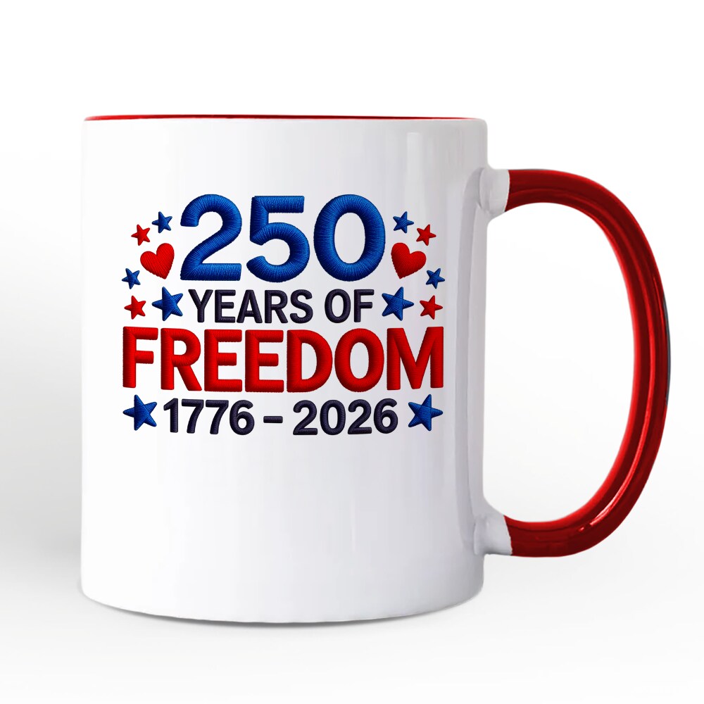 250 Years Freedom Faux Varsity Patch Mug, 4th of July USA Patriotic 1776–2026 Gift